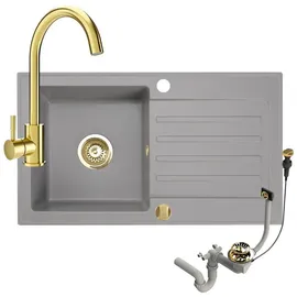 faizee home Granitspüle Küchenspüle mit Siphon und Armatur Gold Spülbecken Einbauspüle 76x44 Grau
