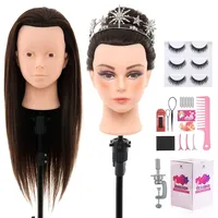 Neverland 71cm Frisierkopf Schminkkopf mit 60% Echthaar, Puppenkopf zum Frisieren Übungskopf Trainingsköpfe für Friseure mit Haare Zubehör, Wimpern und Tisch Halter(Dunkel Braun)