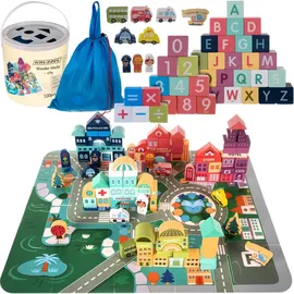Kruzzel Spielset Puzzlematte Holzbausteine mit Buchstaben und Ziffern Fahrzeuge Figuren Sortierspielzeug 19159