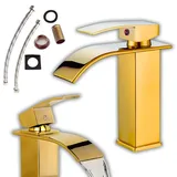 Waschtischarmatur Wasserhahn Bad Gold Waschbecken Einhebel Wasserfall für Badezimmer Wasserhahn Waschtischarmatur Wassersparend Delvant HEA