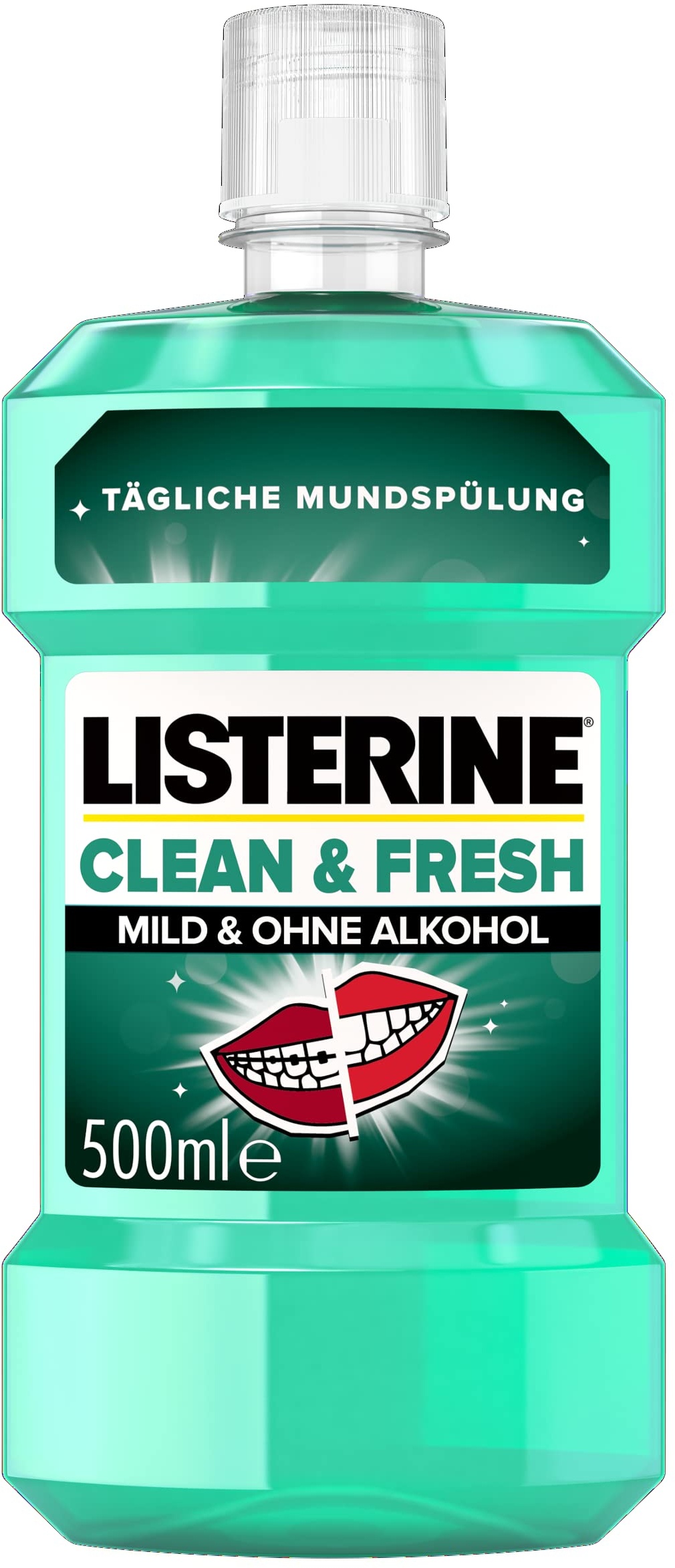 LISTERINE Clean & Fresh (500 ml), antibakterielle Mundspülung ohne Alkohol, Mundwasser mit ätherischen Ölen, mit und ohne Zahnspange