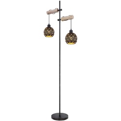 Stehleuchte Stehlampe Vintage Holz Standleuchte Wohnzimmer höhenverstellbar mit Kristall Schirmen, Metall, 2x E27 Fassung, LxBxH 54x25x168 cm