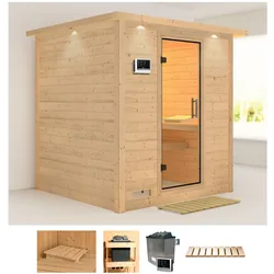 Sauna KARIBU "Menja", beige (naturbelassen), Saunaofen, externe Steuerung, 9 kW, Saunen, 9-kW-Ofen mit externer Steuerung
