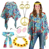 FFTANXS 6 Stück Hippie Kostüm Damen,Hippie Kleidung Damen,60er 70er Jahre Accessoires mit Blumen Stirnband/Retro Sonnenbrille/Frieden Zeichen Ohrringe/Friedenszeichen Halskette für Karneval Hallowee