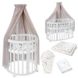 Waldin Oval Baby-Bett Mitwachsend Komplett Set 7in1, Gitterbett, Kinderbett mit Matratze, Wickelkommode, Beistellbett, Holz Weiß, Stoffe Taupe Zweige