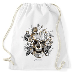 Autiga Turnbeutel Turnbeutel Totenkopf Rosen Skull Roses Schädel Hipster Beutel Tasche Gymsac Autiga® weiß