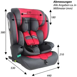 XOMAX Kindersitz ISOFIX I mitwachsend I 9-36 kg, 15 Monate - 12 Jahre, Gruppe 1/2/3 I 5-Punkt-Gurt und 3-Punkt-Gurt I Bezug abnehmbar und waschbar I ECE R129 I anthrazit-rot