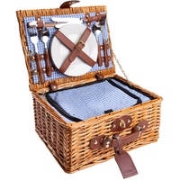 eGenuss Handgefertigtes Picknickkorb für 2 Personen mit Kühlfach, Multifunktionsmesser, Edelstahlbesteck, Porzellanteller und Weingläser | BLAU