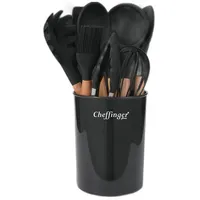 Cheffinger 12-tlg Küchenhelfer Kochbesteck Set Kochgeschirr Silikon Holzgriff Schwarz