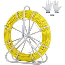 Vevor Fiberglas Kabel Rad Ø6,35mm x 129,5m Glasfaserstab inkl. Stahlhaspel Handschuhe Bremsgriff Metall-Zugköpfe Fischband -40°C bis +80°C Einziehhilfe Einziehband Einziehspirale