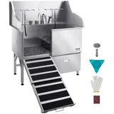 Vevor Hundebadestation aus Edelstahl, 127 cm große Tierpflegewanne mit Rampe, Wasserhahn, Duschkopf und Seifenhalter, für große, mittelgroße un... - Silber