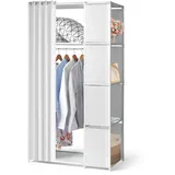 LEADZM Kleiderschrank offen mit Vorhang, Kleiderständer 5 Fächern freistehende Garderobe mit Kleiderstangen, Stoffablagen, Metallrahmen, 88 x 44 x 162 cm (Weiß, 88x44x162cm)