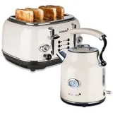 KORONA Toaster Retro Frühstücksset Creme 4 Schlitz, 4 Scheiben Toaster und Wasserkocher, Pfeifkessel Design, Retro weiß