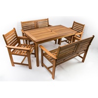 Avanti Trendstore - Furni - Gartenset 5-teilig aus Hartholz Teak, 1 Tisch (Maße: BHT 135x73,5x75 cm), 2 Stühle (Maße: BHT 61x88x62 cm), 2 Bänke (Maße: BHT 120x88x62 cm)