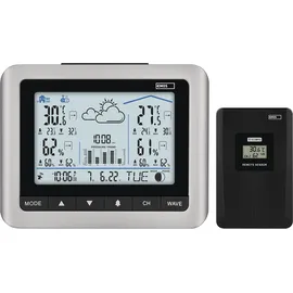 EMOS Funk Wetterstation mit weißer Hintergrundbeleuchtung, Außensensor, Temperatur °C/°F, Luftfeuchtigkeit, Wettervorhersage, Max/Min-Messwerte, Funkuhr 12/24h, Kalender, batteriebetrieben