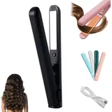 Mini Lockenstab mit Doppeltem Verwendungszweck, Mini Lockenstab und Flacheisen, Haarglätter und Locken 2 in 1 Tragbare USB Wiederaufladbare Kabellose Reise Lockenstabs für Alle Haartypen (Schwarz)