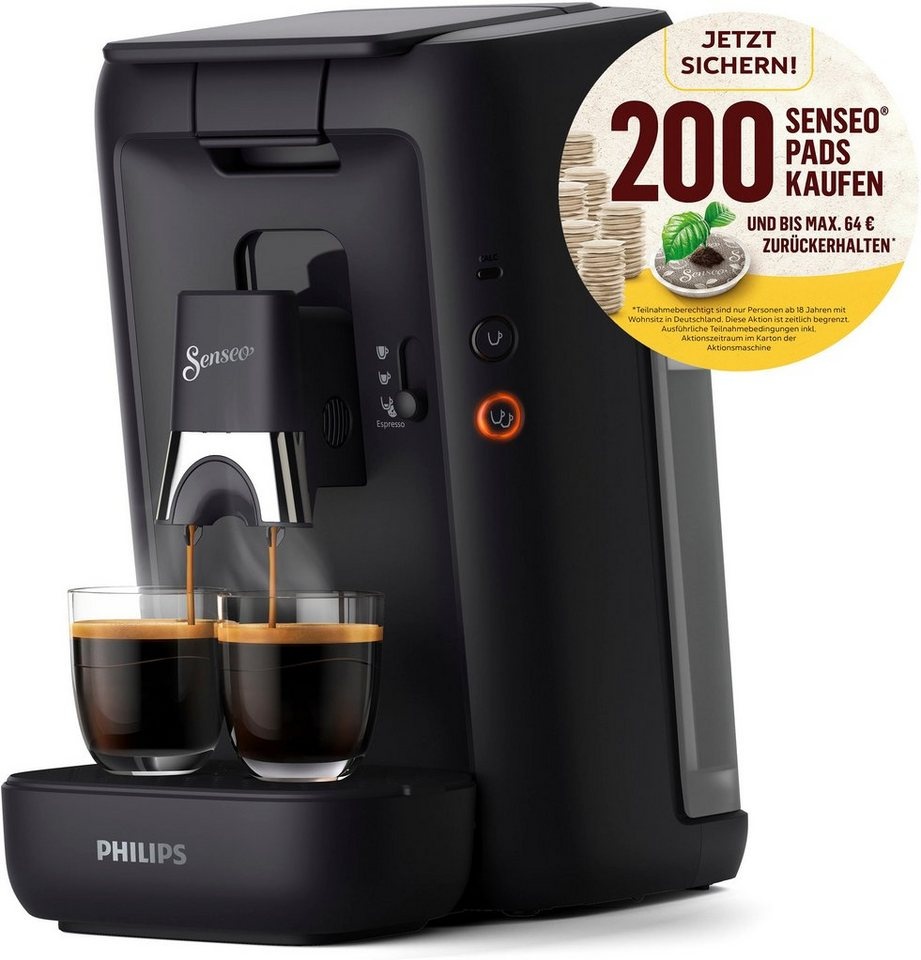 Philips Senseo Kaffeepadmaschine Maestro CSA260/65, aus 80% recyceltem Plastik, Memo-Funktion, 200 Senseo Pads kaufen und bis 64 € zurückerhalten schwarz