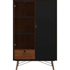 Andas Vitrine ANDAS "Ry Glasvitrine Vitrinenschrank Ausstellung Sammelvitrine", braun (schwarz matt, walnuss), B:101,8cm H:161,8cm T:40,1cm, Spanplatte, Schränke, Vitrine, mit Glastür und einer geschlossenen Tür sowie einer Schublade