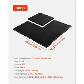 Vevor PVC Garagenboden, 8er-Pack 513x513x5 mm, Werkstattboden, Industrieboden, Klick Verlegung, rutschfeste PVC-Matten mit Diamantplatte für Werkstatt, Lager, Werkzeugraum, Schwarz