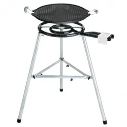 Paella World Hochwertiges Paella-Grill-Set 1 mit Gusseisen-Grillplatte Ø 38 cm: 2-Ring Paella-Gasbrenner, stabiler Dreibein-Ständer, höhenverstellbar