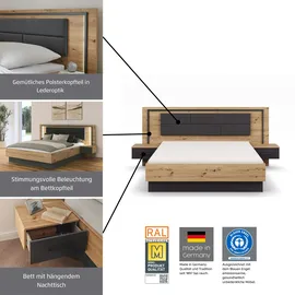 Rauch Bettanlage RAUCH "Bett Doppelbett Komortbett BILBAO-EXTRA", braun (eiche artisan, graumetallic), B:245cm H:109cm T:207cm, Holzwerkstoff, Schlafzimmermöbel-Sets, Bettgestell, Polster-Kopfteil in Lederoptik basalt, mit Beleuchtung MADE IN GERMANY