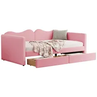 Flieks Polsterbett, Teddy-Samt Kinderbett Schlafsofa Daybett mit 2 Schubladen 90x200cm rosa 95 cm x 215 cm x 66 cm