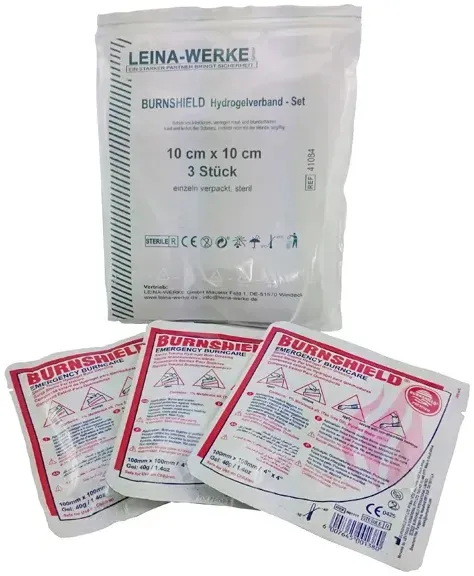 Notfall Brandgel Leina BurnShield Hydrogelverband Set für Erstversorgung von Verbrennungen, 3 Stück 10x10 cm