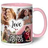 GRAVURZEILE Tasse mit dem Spruch Love zum selbst gestalten mit Foto Collage für acht eigene Fotos - Fototasse personalisiert - Persönliches Geschenk für Paare Freundinnen und Familie Farbe Rosa