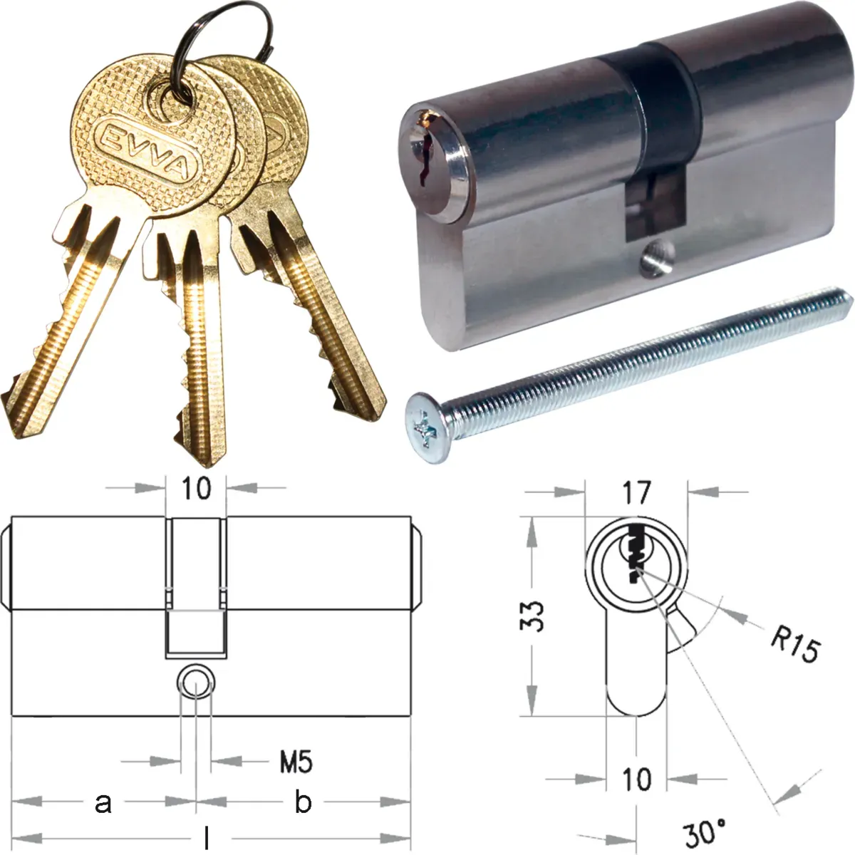 EVVA Doppelzylinder DZ 41x41 NI OA m. Schraube 70mm S-Profil