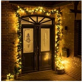Spetebo Weihnachts-Girlande mit Lichterkette und Christbaumkugeln - grün / 5 m - Künstliche Tannen Deko Girlande warm weiß beleuchtet für Außen