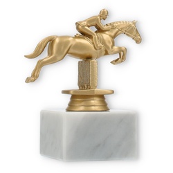 Pokal Kunststofffigur Springreiten goldmetallic auf weißem Marmorsockel 12,8cm