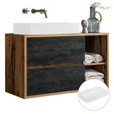 Lomadox Badmöbel Waschtischunterschrank mit Keramik Waschbecken HARLOW-56 Eiche mit Beton Dunkel Nb., b/h/t ca. 100/71/46 cm