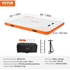 Vevor Aufblasbares Schwimmdock, 1,82 x 1,52 m Dockplattform, rutschfeste Wasserschwimmdockmatte mit tragbarer Tragetasche und abnehmbarer Leiter, s...