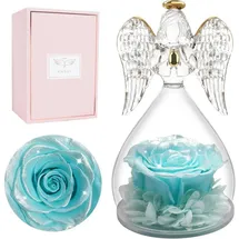 luxuskollektion Ewige Rose Engelfigur Glaskuppel Schutzengel Glänzendes Hellblau