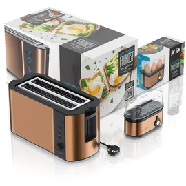 Arendo Frühstücks-Set 2-teilig, 4 Scheiben Langschlitz-Toaster 1500W, 3er Eierkocher, Kupfer