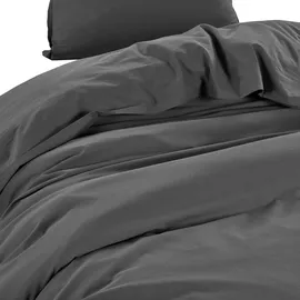 Wometo Bettwäsche Renforce Stone-Washed 135x200 & 80x80 100% Baumwolle - dunkelgrau OEKO-TEX weich modern Used-Look Leinen-Optik