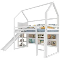 OKWISH Kinderbett Hochbett (mit LED-Beleuchtung, Hausform & Rutsche – Stabil, sicher und mit praktischen Regalen, Holzbett 90x200 cm), ohne Matratze weiß