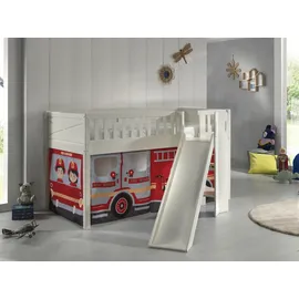 Vipack Hochbett »Scott, Spielbett, Kiefer massiv weiß lackiert, mit Rolllattenrost«, (B/H/T ca. 207,6x114x203,7cm, Kopf-/Fußteil mit Fräsung, stabil gebaut), mit Rutsch-/Leiterturm, LF 90x200 cm, inkl. Vorhang, 7 Designs weiß