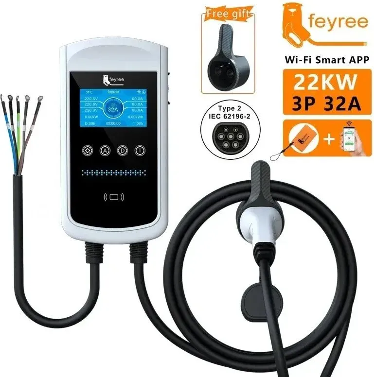 feyree E-Ladestation Typ 2, 32 A, 22 kW, 3-Phasen, EVSE, Wandladestation, 4,3-Zoll-Display, intelligente App-Steuerung