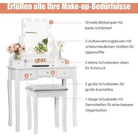 Costway Schminktisch mit Hocker, 360° drehbarem Spiegel und 10 dimmbaren LED-Birnen, Frisiertisch mit 5 Schubladen und Organisator, (Weiß) - Weiß