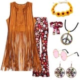 60er 70er Jahre Hippie Kostüm Damen Set mit Fransenweste Schlaghose Damen 70er Hippie Accessoires Hippie Kleidung Damen Kostüm 70er Jahre Bekleidung Damen Disco Outfit Faschingskostüm Mädchen (M)