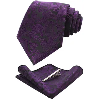 JEMYGINS Lila krawatte Paisley Seide Herren Krawatten und Einstecktuch mit krawattenklammer Sets (7) - M
