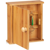 Relaxdays Schlüsselkasten Bambus-Holz, 6 Haken, Magnetverschluss, Schlüsselschrank für die Wand, HBT 20,5x18x6cm, Natur