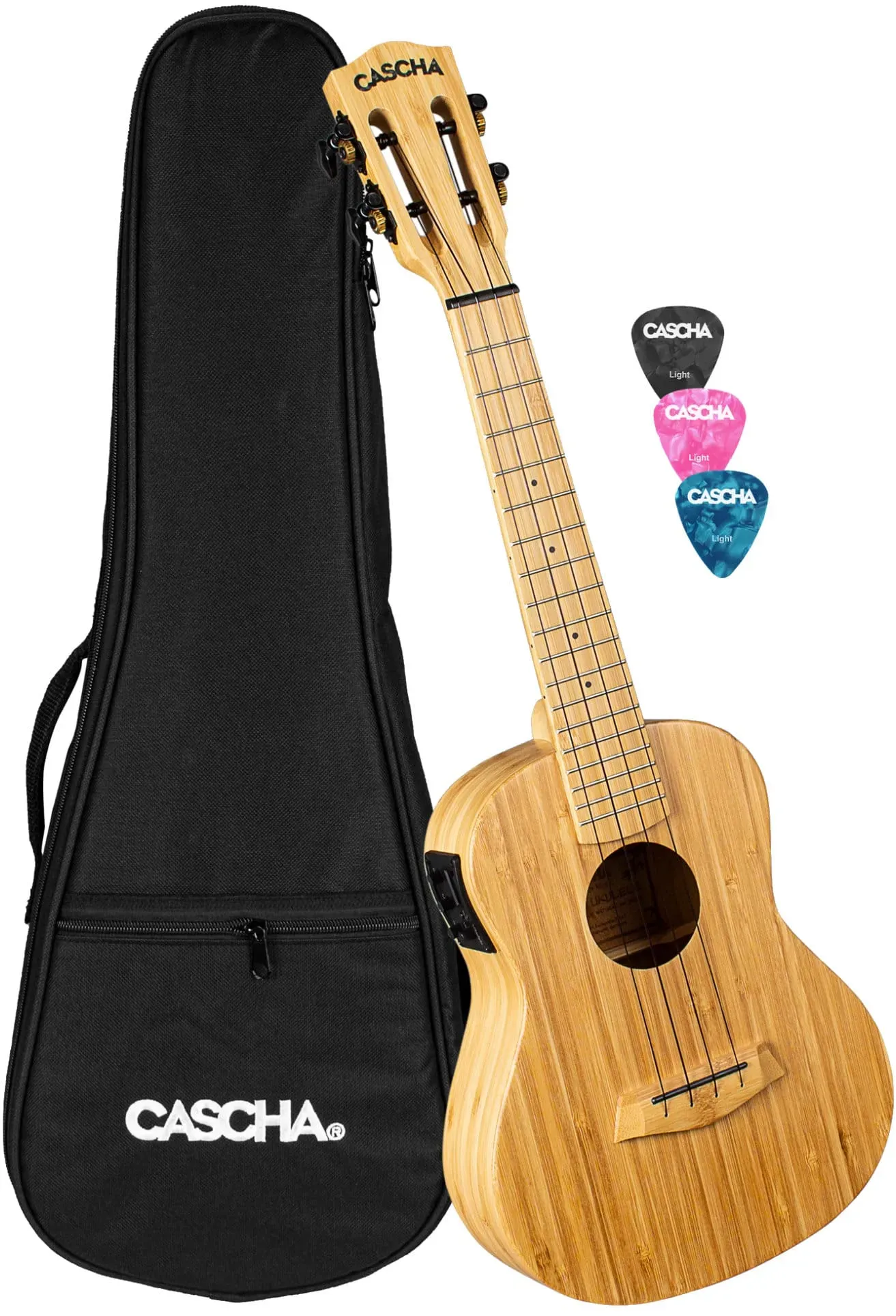 Cascha 2313E Konzert Ukulele Bamboo Natur Bundle mit Tonabnehmer