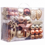 VALERY MADELYN Weihnachtskugeln 100 TLG 3-16cm Kunststoff Christbaumkugeln Weihnachtsdekoration mit Baumspitze Kiefernzapfen Perlenkette und Aufhänger Wald Thema Kupfergold MEHRWEG Verpackung