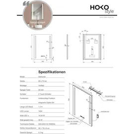 PonteSino HOKO LED Badezimmerspiegel 50x70 cm – beschlagfreier Wandspiegel mit Digitaluhr – stufenlos dimmbar – Speicherfunktion – Hannover - Transparent