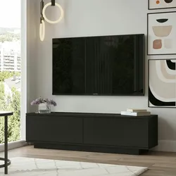 Dmora Fernsehschrank Dpoloni, Ständer für Wohnzimmerfernseher, Niedriges Wohnzimmer-Sideboard, TV-Ständerbasis, 140x36h38 cm, Schwarz
