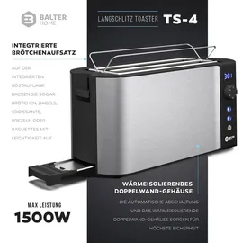 Balter Toaster 4 Scheiben, Langschlitz, Edelstahl, Brötchenaufsatz, LCD Display Restzeitanzeige, Auftaufunktion, Brotzentrierung, Krümelschublad