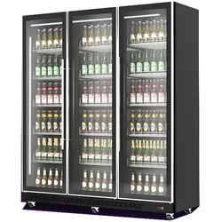Kühlschrank DAMARA auf Rollen | 3x Glastür + LED | 1173 Liter, HxBxT 198x168x60cm | 0/+10°C | Schwarz | + CHEFGASTRO Geschirrtuch