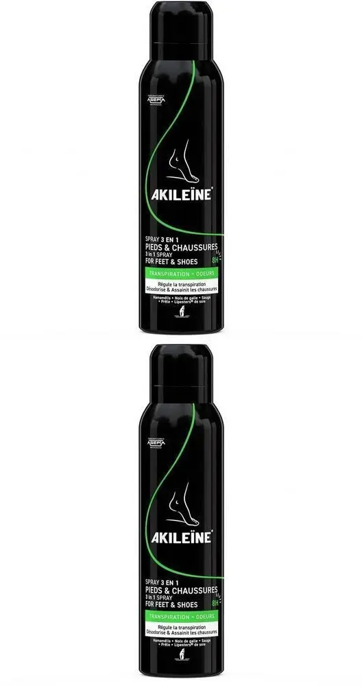 Akileïne 3 in 1 Spray for Feet & Shoes 2x150 ml Spray